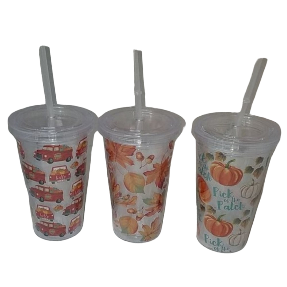 Fall Travel Tumbler Cold Cup Straw Autumn Cold Pumpkins Red Trucks Leaves16 OZ